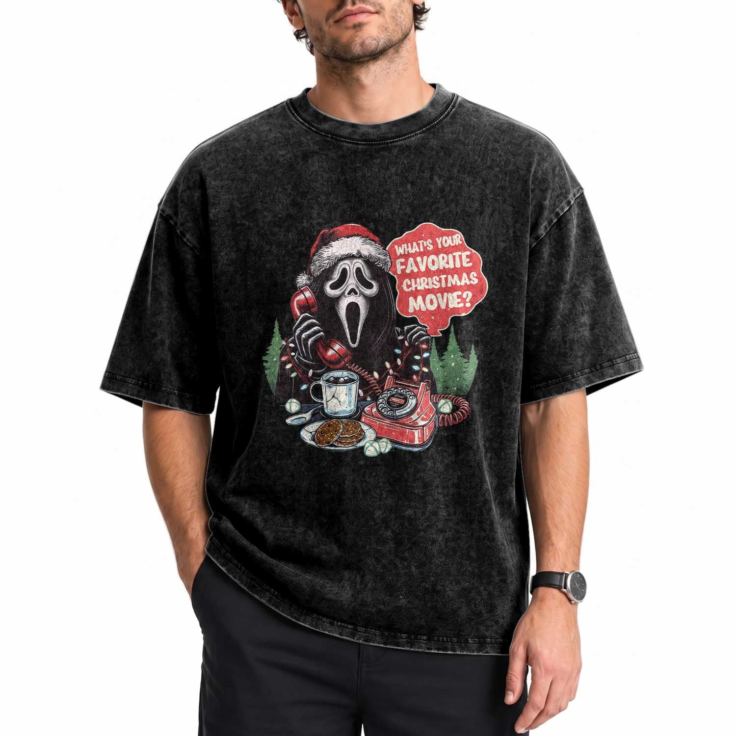 Funny Ghost Christmas Face Washed Cotton T-Shirt Whats Your Favorite Christmas Movie Spooky Xmas