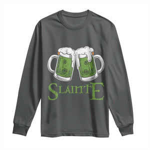 Funny Irish Beer Drinking Long Sleeve Shirt Slainte St Patrick's Day Shamrock Beer Mugs TS11 Dark Heather Print Your Wear