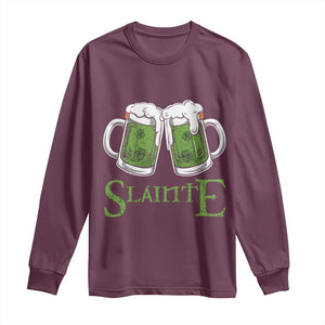 Funny Irish Beer Drinking Long Sleeve Shirt Slainte St Patrick's Day Shamrock Beer Mugs TS11 Maroon Print Your Wear