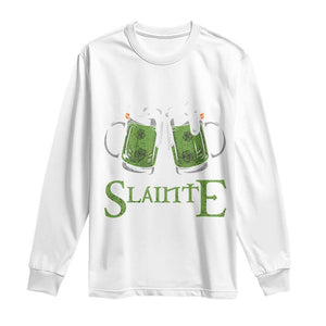 Funny Irish Beer Drinking Long Sleeve Shirt Slainte St Patrick's Day Shamrock Beer Mugs TS11 White Print Your Wear