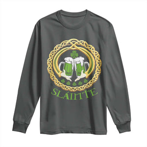 Funny Irish Beer Drinking St Patrick's Day Slainte Long Sleeve Shirt Claddagh Ring Celtic Shamrock TS11 Dark Heather Print Your Wear