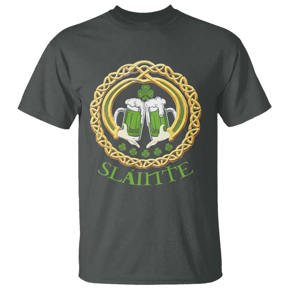 Funny Irish Beer Drinking St Patrick's Day Slainte T Shirt Claddagh Ring Celtic Shamrock TS11 Dark Heather Print Your Wear