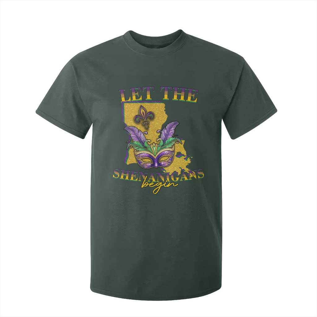 Funny Mardi Gras Let The Shenanigans Begin T Shirt For Kid Louisiana Map TS11 Dark Forest Green Print Your Wear