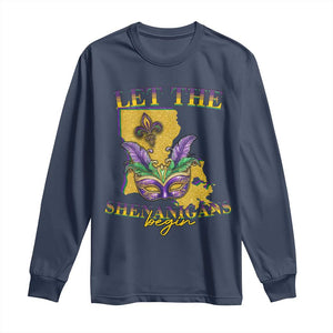 Funny Mardi Gras Let The Shenanigans Begin Long Sleeve Shirt Louisiana Map TS11 Navy Print Your Wear