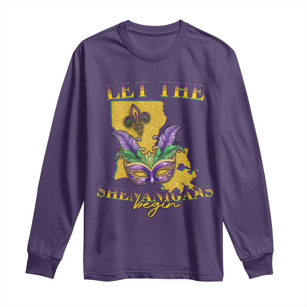 Funny Mardi Gras Let The Shenanigans Begin Long Sleeve Shirt Louisiana Map TS11 Purple Print Your Wear