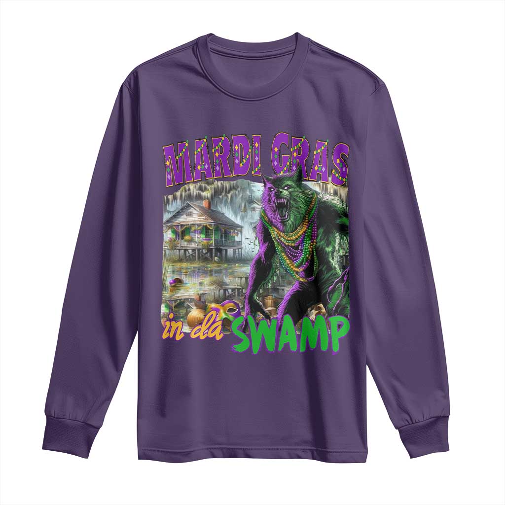 Funny Mardi Gras Rougarou Long Sleeve Shirt Mardi Gras In Da Swamp Cryptids Of Louisiana TS11 Purple Print Your Wear