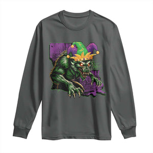 Funny Mardi Gras Rougarou Long Sleeve Shirt Cryptids Of Louisiana Jester Hat TS11 Dark Heather Print Your Wear