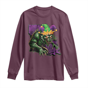 Funny Mardi Gras Rougarou Long Sleeve Shirt Cryptids Of Louisiana Jester Hat TS11 Maroon Print Your Wear