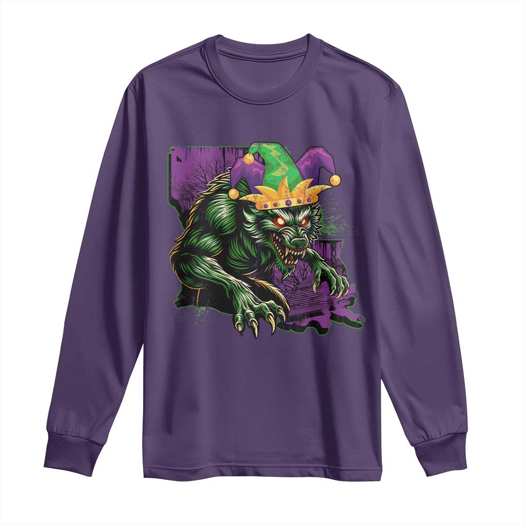 Funny Mardi Gras Rougarou Long Sleeve Shirt Cryptids Of Louisiana Jester Hat TS11 Purple Print Your Wear