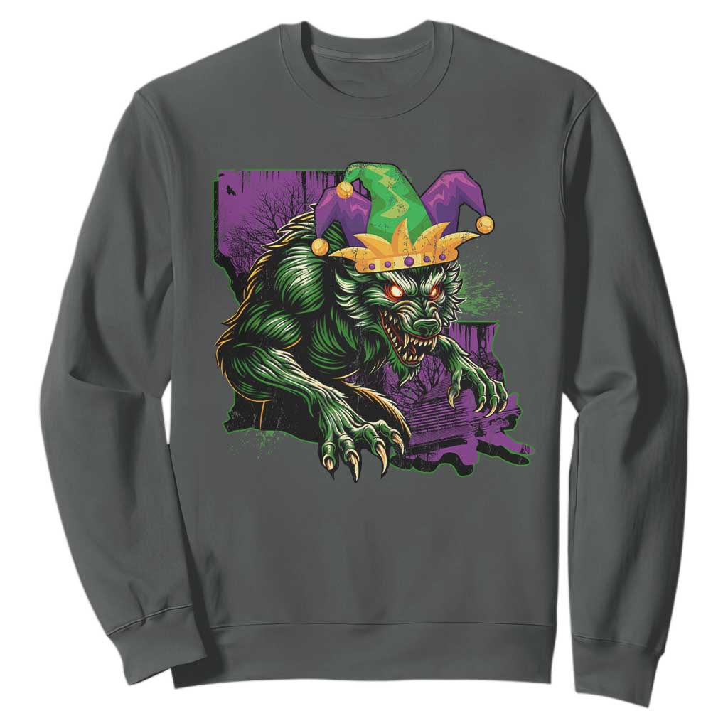 Funny Mardi Gras Rougarou Sweatshirt Cryptids Of Louisiana Jester Hat TS11 Dark Heather Print Your Wear