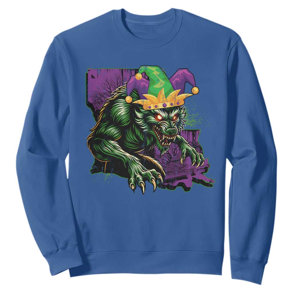 Funny Mardi Gras Rougarou Sweatshirt Cryptids Of Louisiana Jester Hat TS11 Royal Blue Print Your Wear
