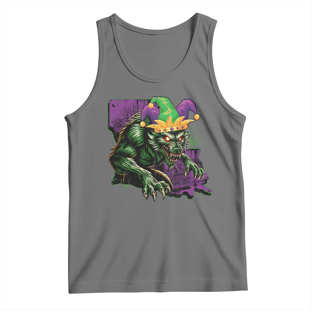 Funny Mardi Gras Rougarou Tank Top Cryptids Of Louisiana Jester Hat TS11 Black Heather Print Your Wear