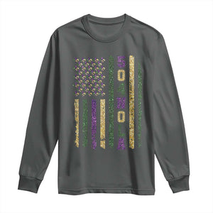 Funny Mardi Gras New Orleans Louisiana Long Sleeve Shirt 504 Nola Area Code Glitter Print American Flag TS11 Dark Heather Print Your Wear