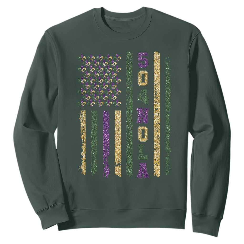 Funny Mardi Gras New Orleans Louisiana Sweatshirt 504 Nola Area Code Glitter Print American Flag TS11 Dark Forest Green Print Your Wear