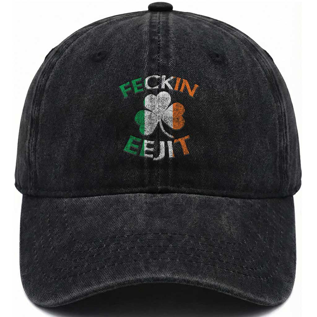 Funny Feckin Eejit Washed Cotton Baseball Cap Ireland Irish Slang Shamrock St Patrick's Day TS11 Print Your Wear