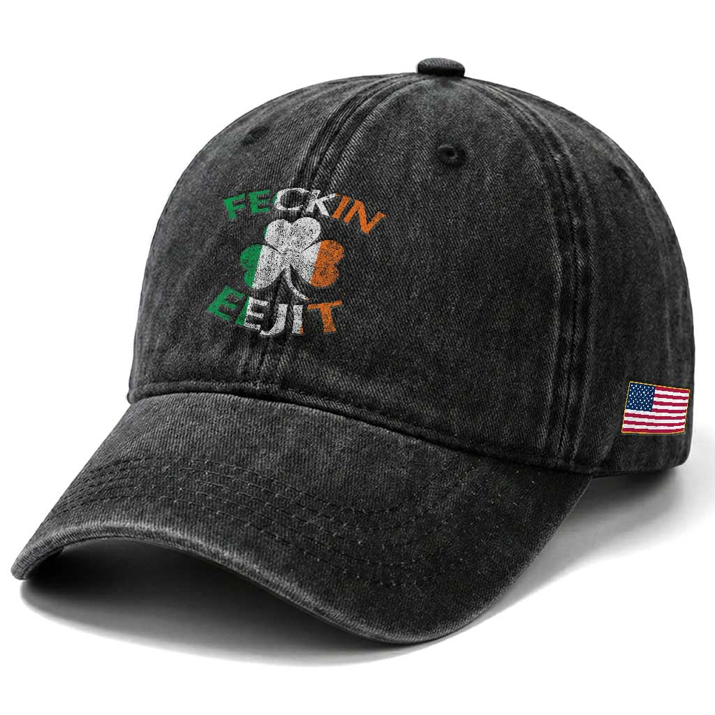 Funny Feckin Eejit Washed Cotton Baseball Cap Ireland Irish Slang Shamrock St Patrick's Day TS11 Print Your Wear