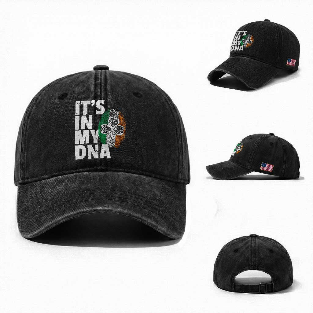 Funny Irish It's In My DNA Washed Cotton Baseball Cap Ireland Fingerprint Flag TS11 Washed Cap Universal Fit Black Print Your Wear