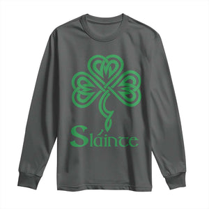 Funny Irish Beer Drinking St Patrick's Day Slainte Long Sleeve Shirt Celtic Shamrock TS11 Dark Heather Print Your Wear