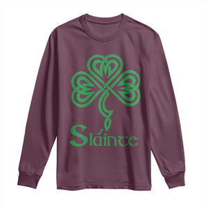 Funny Irish Beer Drinking St Patrick's Day Slainte Long Sleeve Shirt Celtic Shamrock TS11 Maroon Print Your Wear