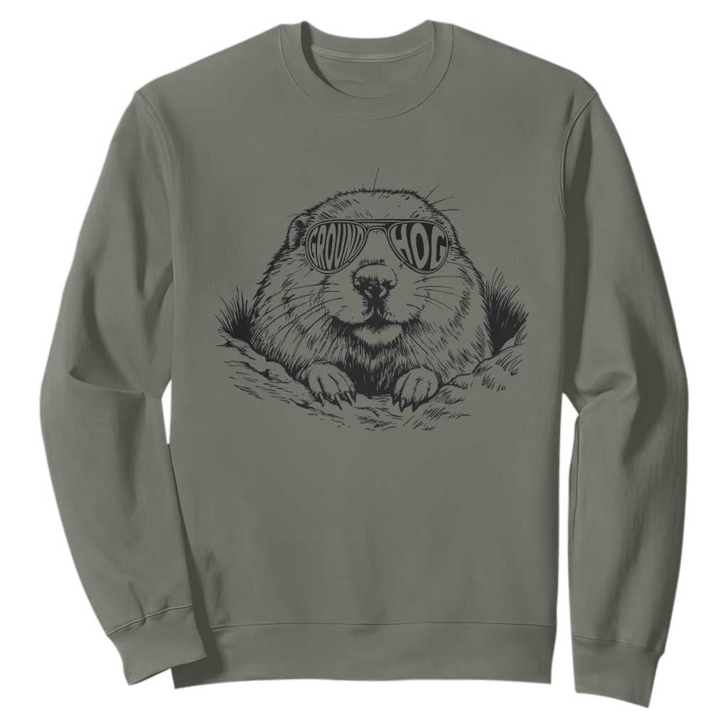 Funny Groundhog Face Woodchuck Sunglassess Sweatshirt TS11 Military Green Print Your Wear