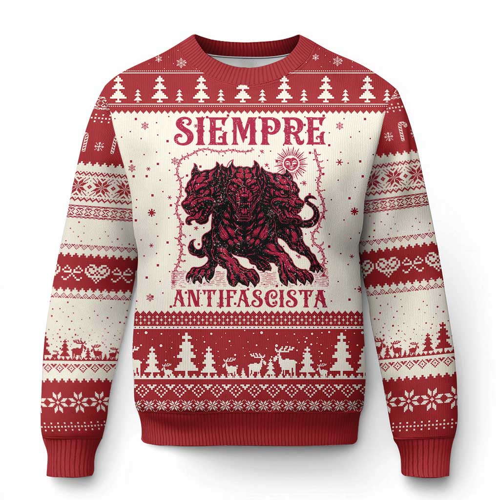 Siempre Antifascista Ugly Christmas Sweater Anti Fascism Protest Vintage Hydra Dog TS11 Beige Red Print Your Wear