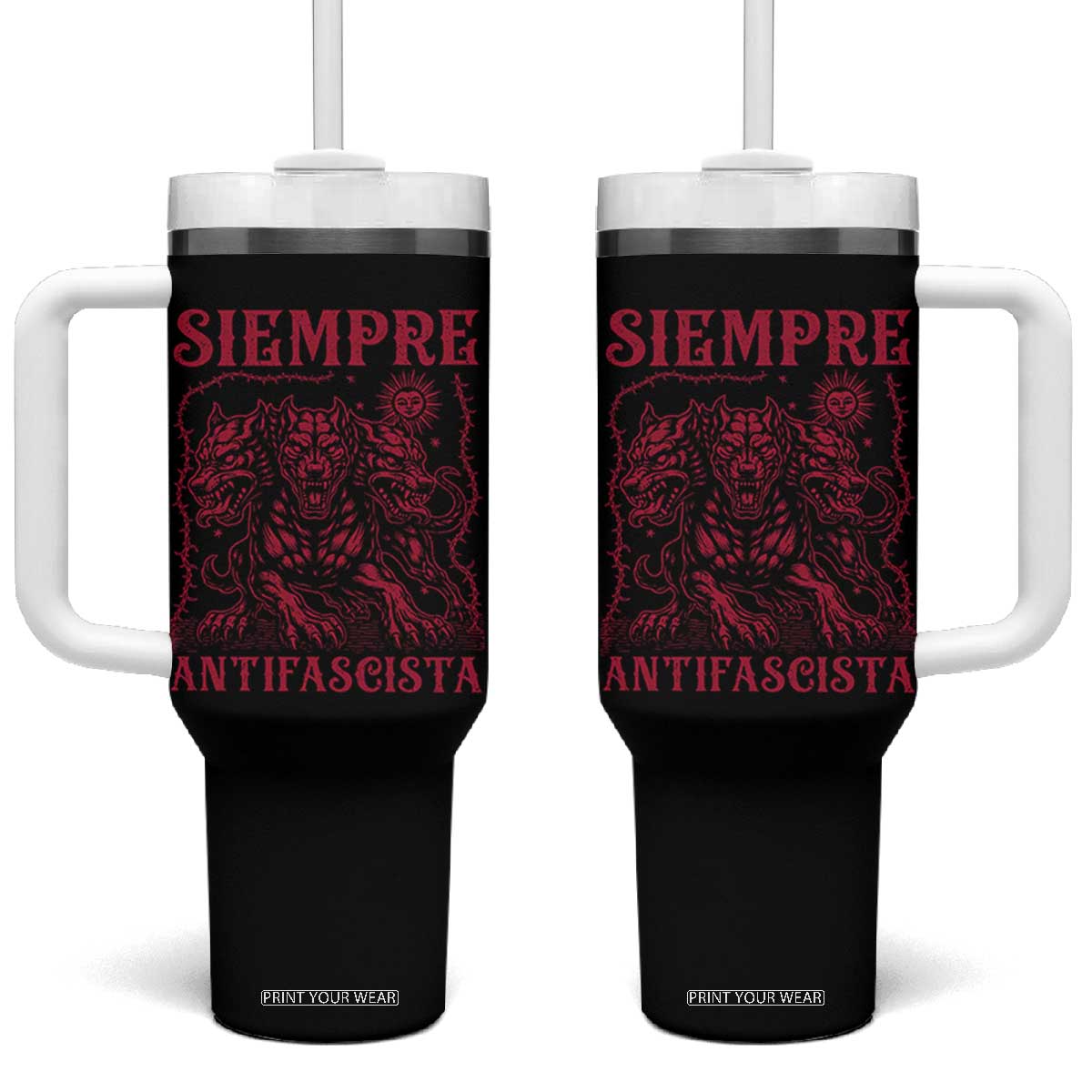 Siempre Antifascista Tumbler With Handle Anti Fascism Protest Vintage Hydra Dog TS11 One Size: 40 oz Black Print Your Wear