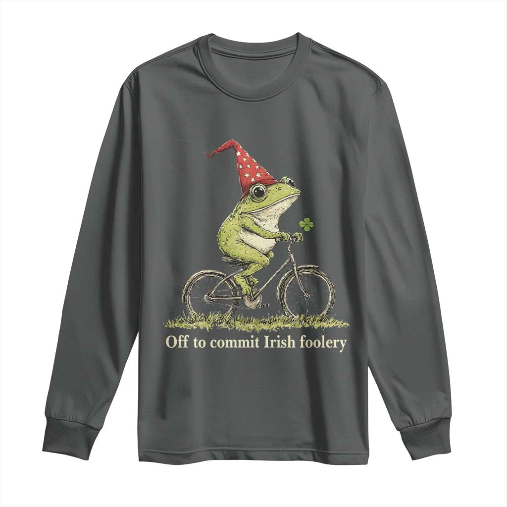 Funny Frog St Patricks Day Long Sleeve Shirt Off To Commit Irish Foolery Four Leaf Clover TS11 Dark Heather Print Your Wear