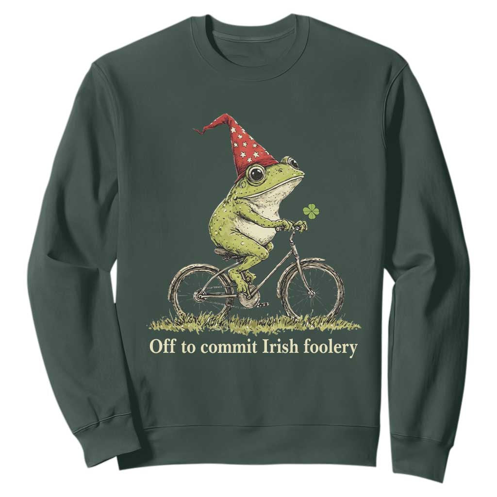 Funny Frog St Patricks Day Sweatshirt Off To Commit Irish Foolery Four Leaf Clover TS11 Dark Forest Green Print Your Wear