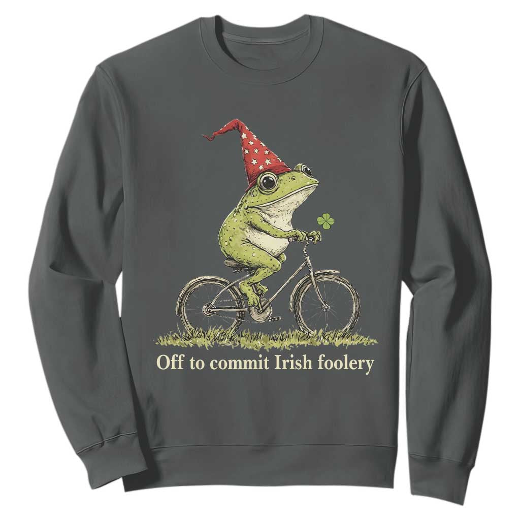 Funny Frog St Patricks Day Sweatshirt Off To Commit Irish Foolery Four Leaf Clover TS11 Dark Heather Print Your Wear