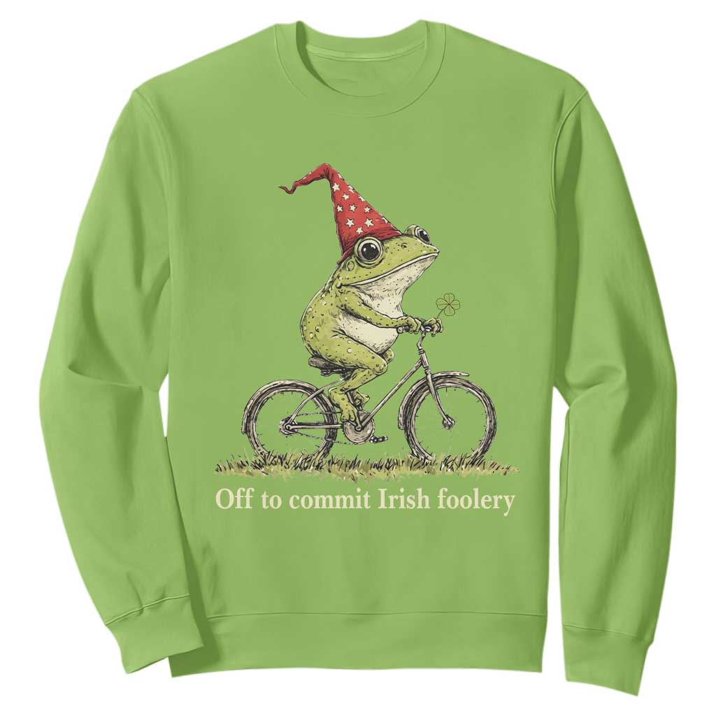 Funny Frog St Patricks Day Sweatshirt Off To Commit Irish Foolery Four Leaf Clover TS11 Lime Print Your Wear