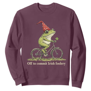 Funny Frog St Patricks Day Sweatshirt Off To Commit Irish Foolery Four Leaf Clover TS11 Maroon Print Your Wear