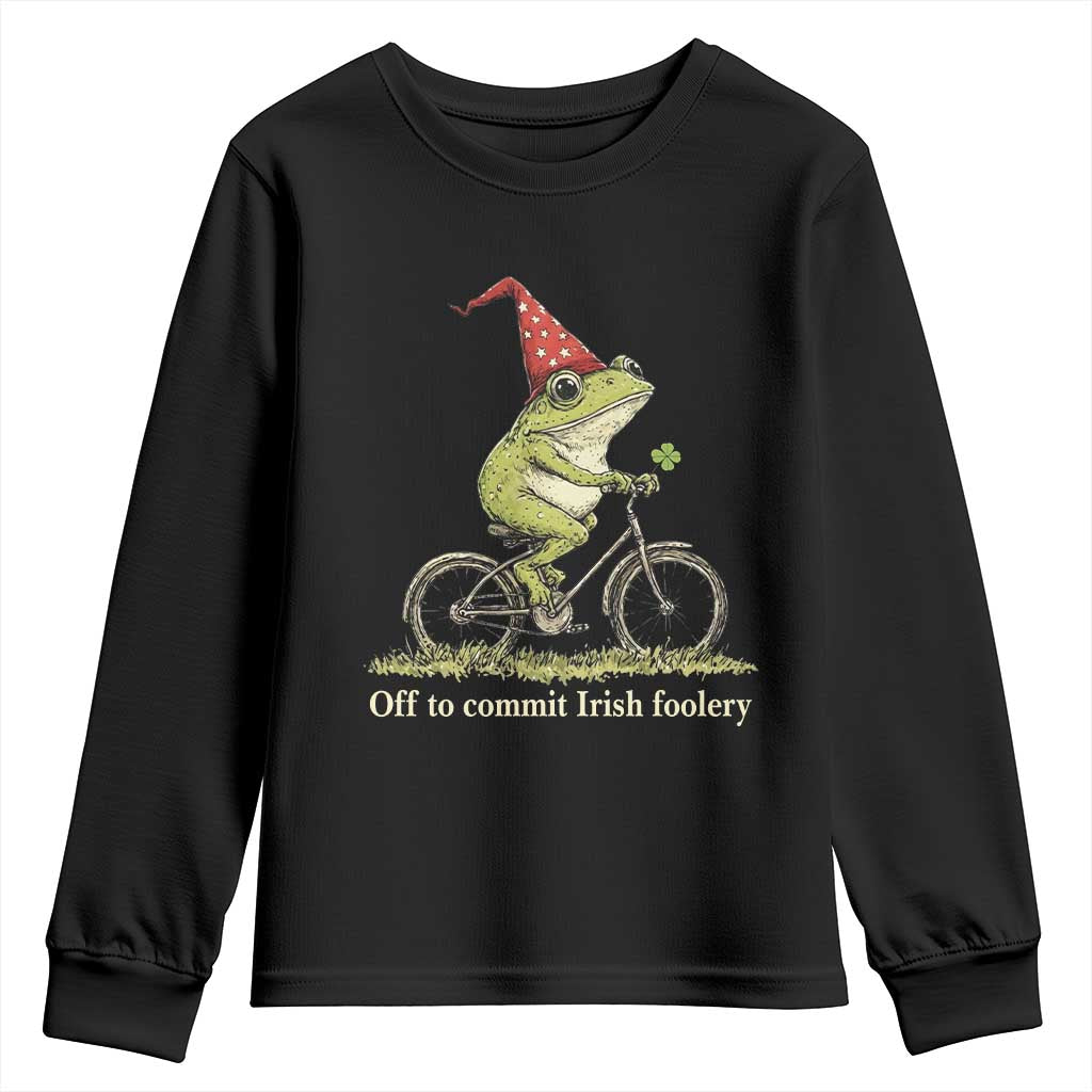 Funny Frog St Patricks Day Youth Sweatshirt Off To Commit Irish Foolery Four Leaf Clover TS11 Black Print Your Wear