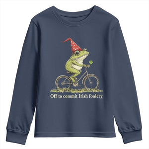 Funny Frog St Patricks Day Youth Sweatshirt Off To Commit Irish Foolery Four Leaf Clover TS11 Navy Print Your Wear