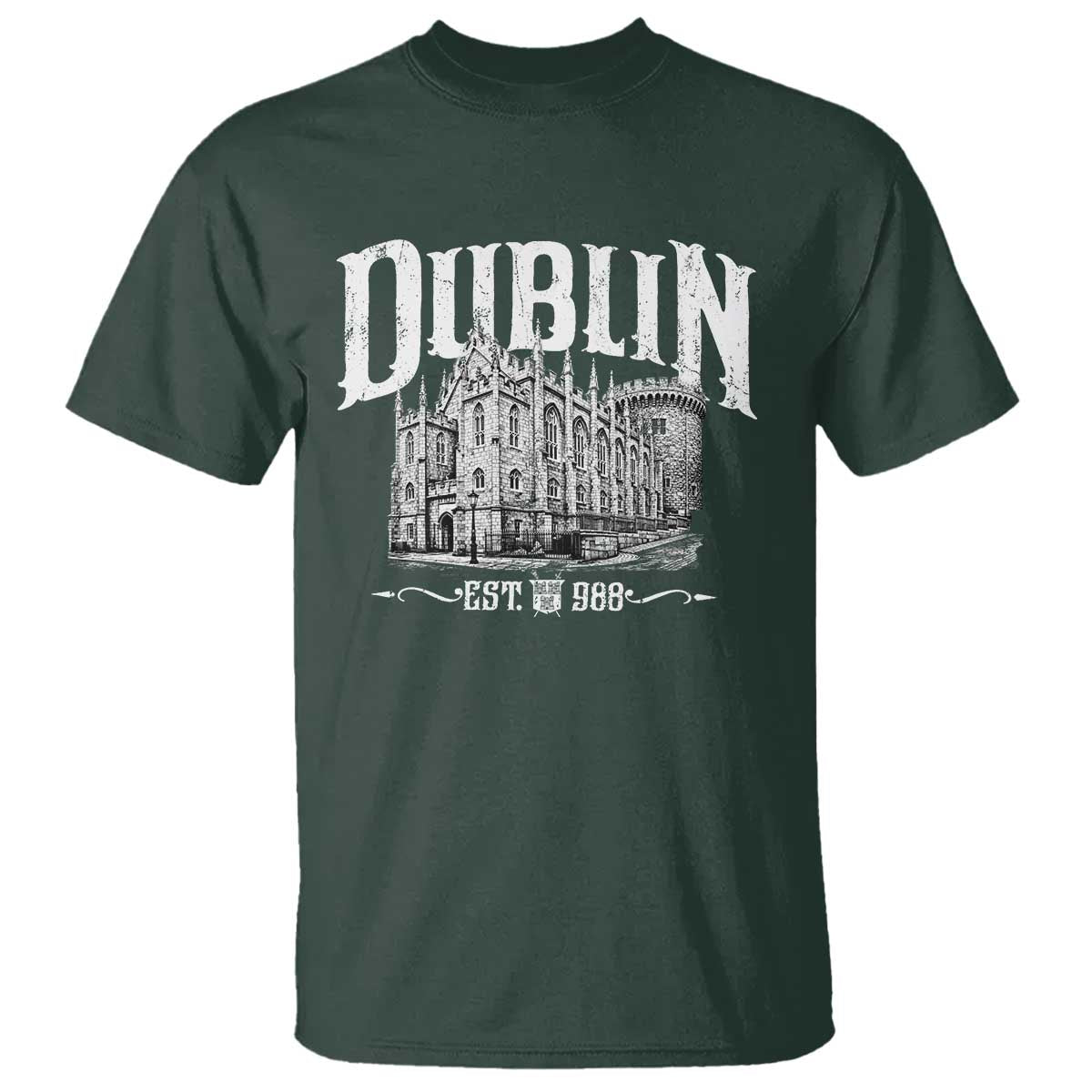 Dublin Castle Ireland Est 988 Travel Souvenir T Shirt TS11 Dark Forest Green Print Your Wear