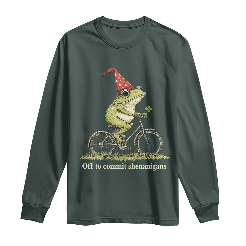Funny Frog St Patricks Day Long Sleeve Shirt Off To Commit Shenanigans Four Leaf Clover TS11 Dark Forest Green Print Your Wear