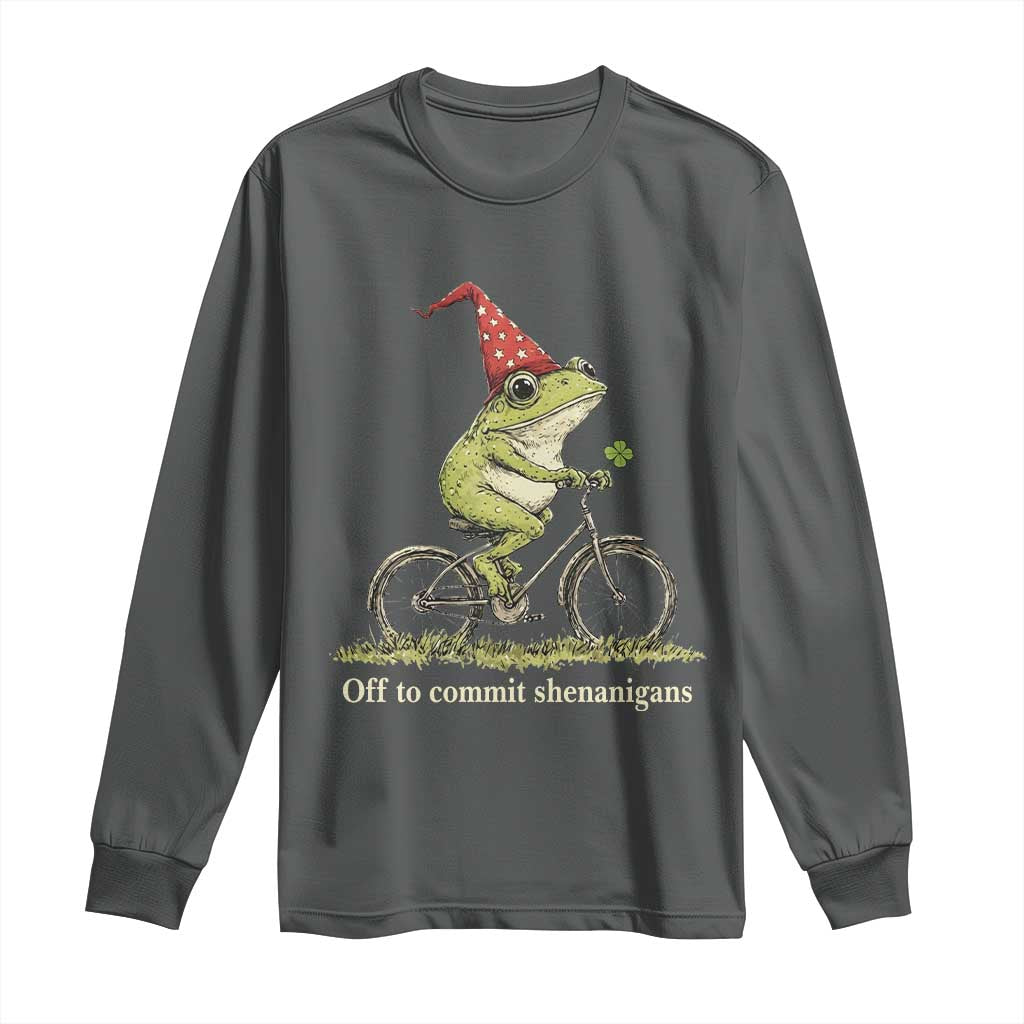 Funny Frog St Patricks Day Long Sleeve Shirt Off To Commit Shenanigans Four Leaf Clover TS11 Dark Heather Print Your Wear
