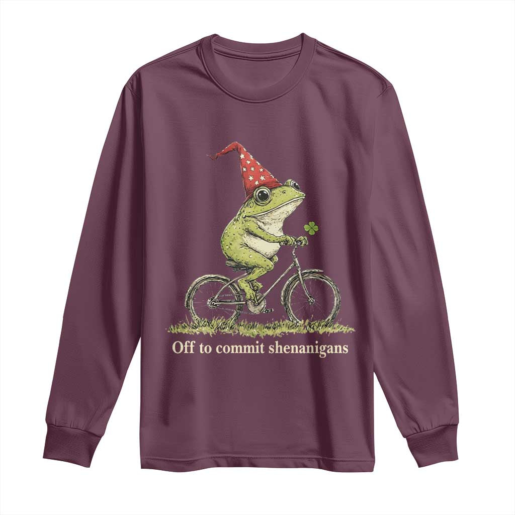 Funny Frog St Patricks Day Long Sleeve Shirt Off To Commit Shenanigans Four Leaf Clover TS11 Maroon Print Your Wear
