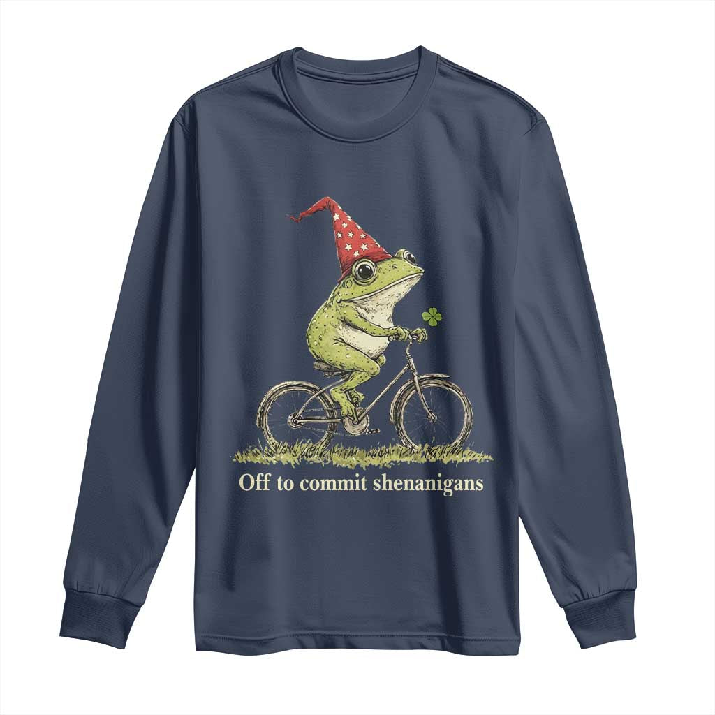 Funny Frog St Patricks Day Long Sleeve Shirt Off To Commit Shenanigans Four Leaf Clover TS11 Navy Print Your Wear