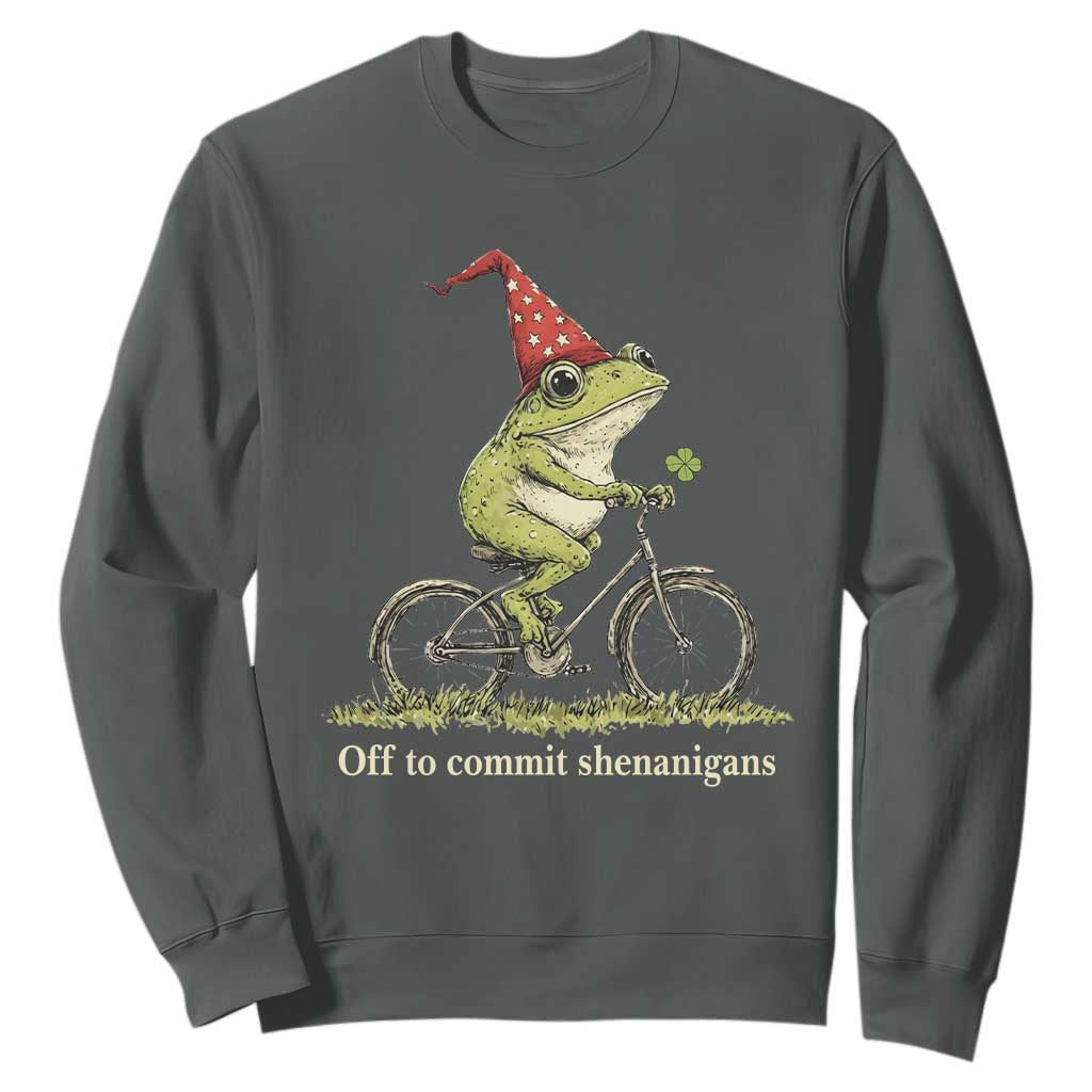 Funny Frog St Patricks Day Sweatshirt Off To Commit Shenanigans Four Leaf Clover TS11 Dark Heather Print Your Wear