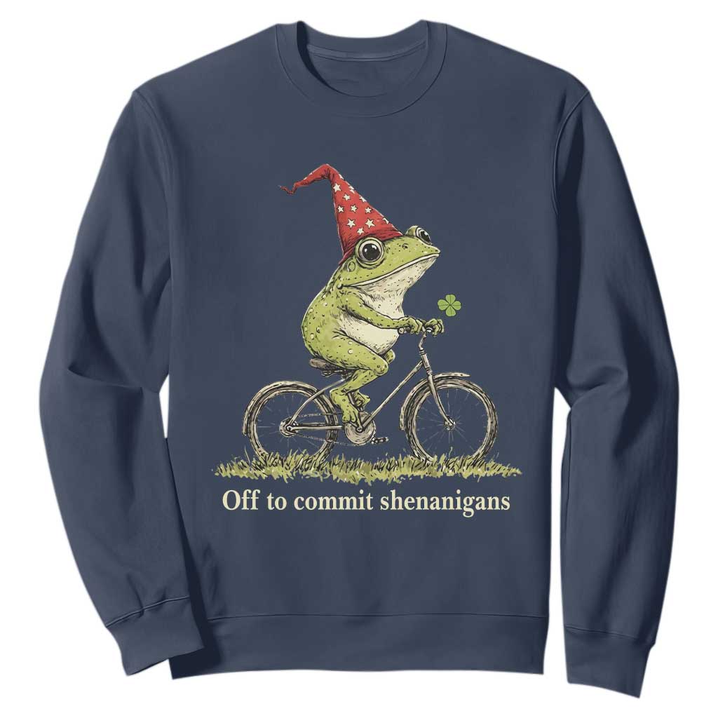 Funny Frog St Patricks Day Sweatshirt Off To Commit Shenanigans Four Leaf Clover TS11 Navy Print Your Wear