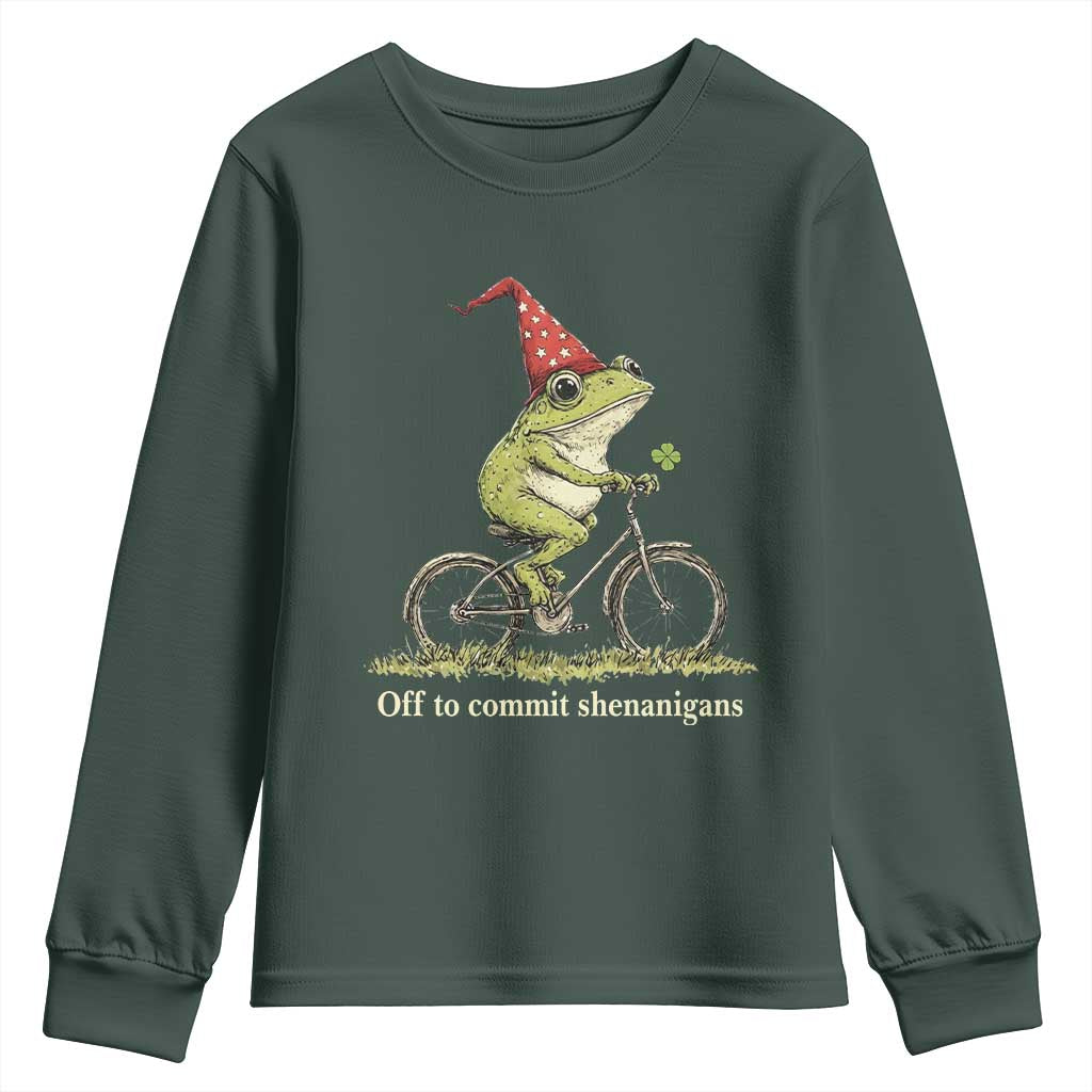 Funny Frog St Patricks Day Youth Sweatshirt Off To Commit Shenanigans Four Leaf Clover TS11 Dark Forest Green Print Your Wear