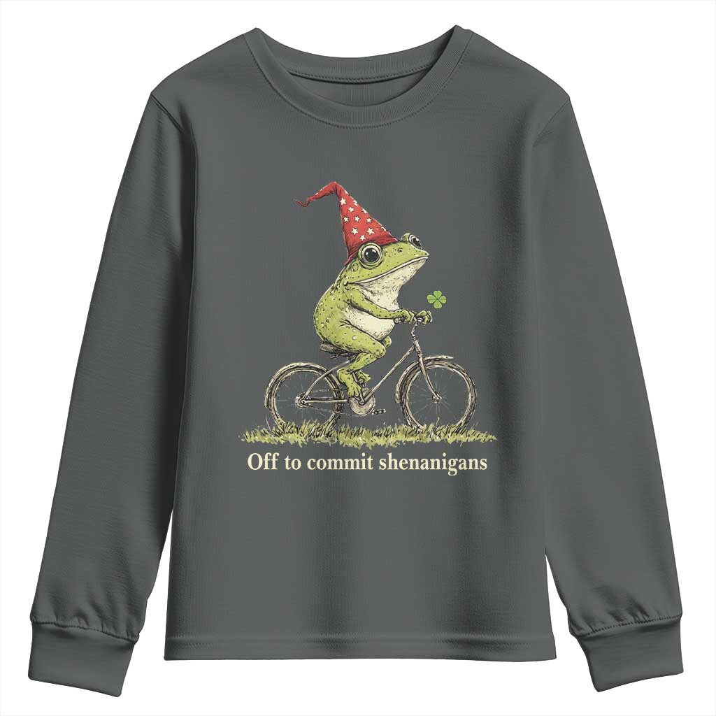 Funny Frog St Patricks Day Youth Sweatshirt Off To Commit Shenanigans Four Leaf Clover TS11 Dark Heather Print Your Wear