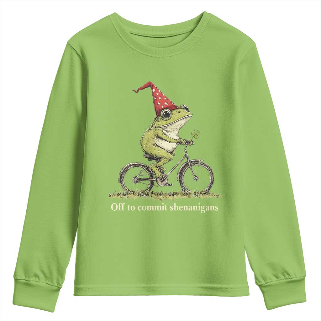 Funny Frog St Patricks Day Youth Sweatshirt Off To Commit Shenanigans Four Leaf Clover TS11 Lime Print Your Wear