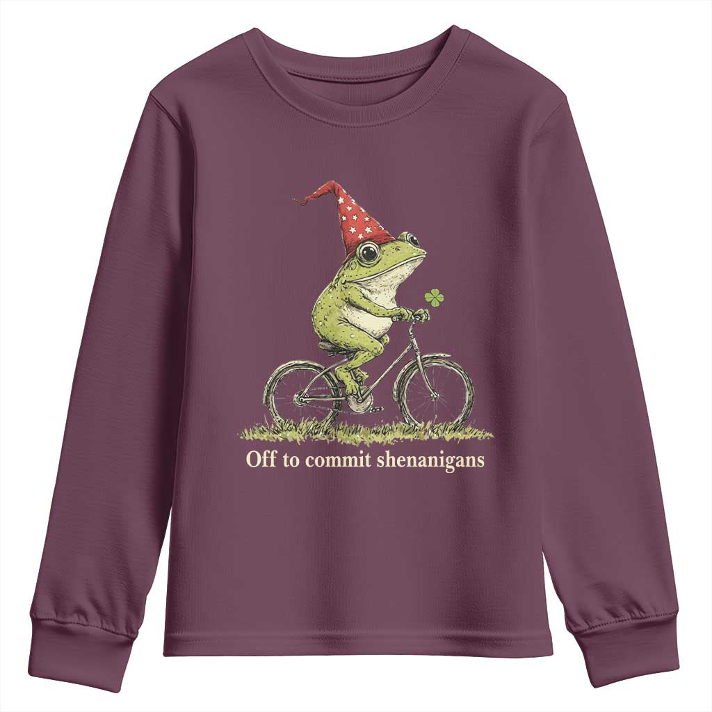 Funny Frog St Patricks Day Youth Sweatshirt Off To Commit Shenanigans Four Leaf Clover TS11 Maroon Print Your Wear