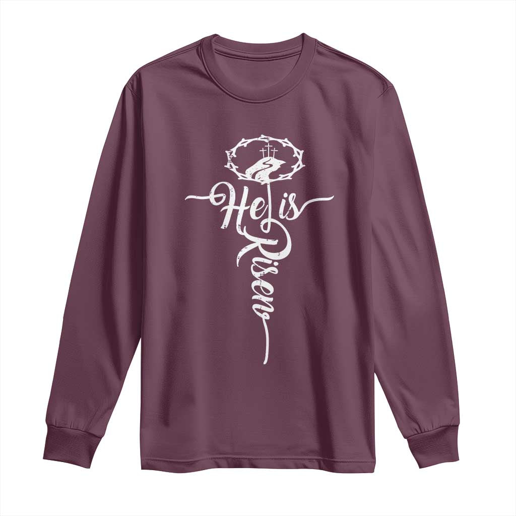 Easter He Is Risen Long Sleeve Shirt Christian Easter Day Religious Cross TS11 Maroon Print Your Wear