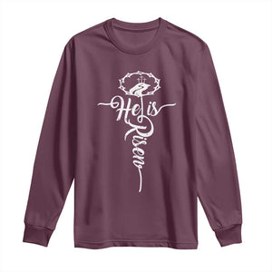 Easter He Is Risen Long Sleeve Shirt Christian Easter Day Religious Cross TS11 Maroon Print Your Wear