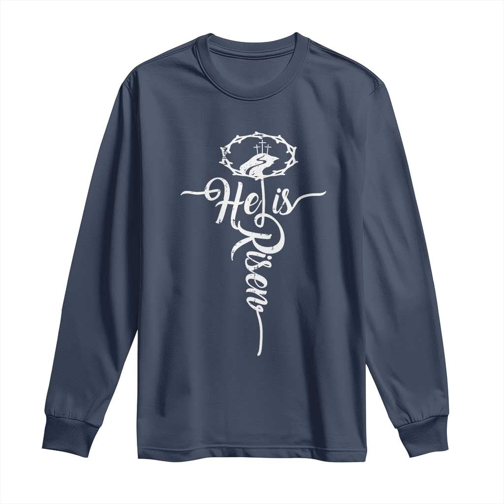 Easter He Is Risen Long Sleeve Shirt Christian Easter Day Religious Cross TS11 Navy Print Your Wear