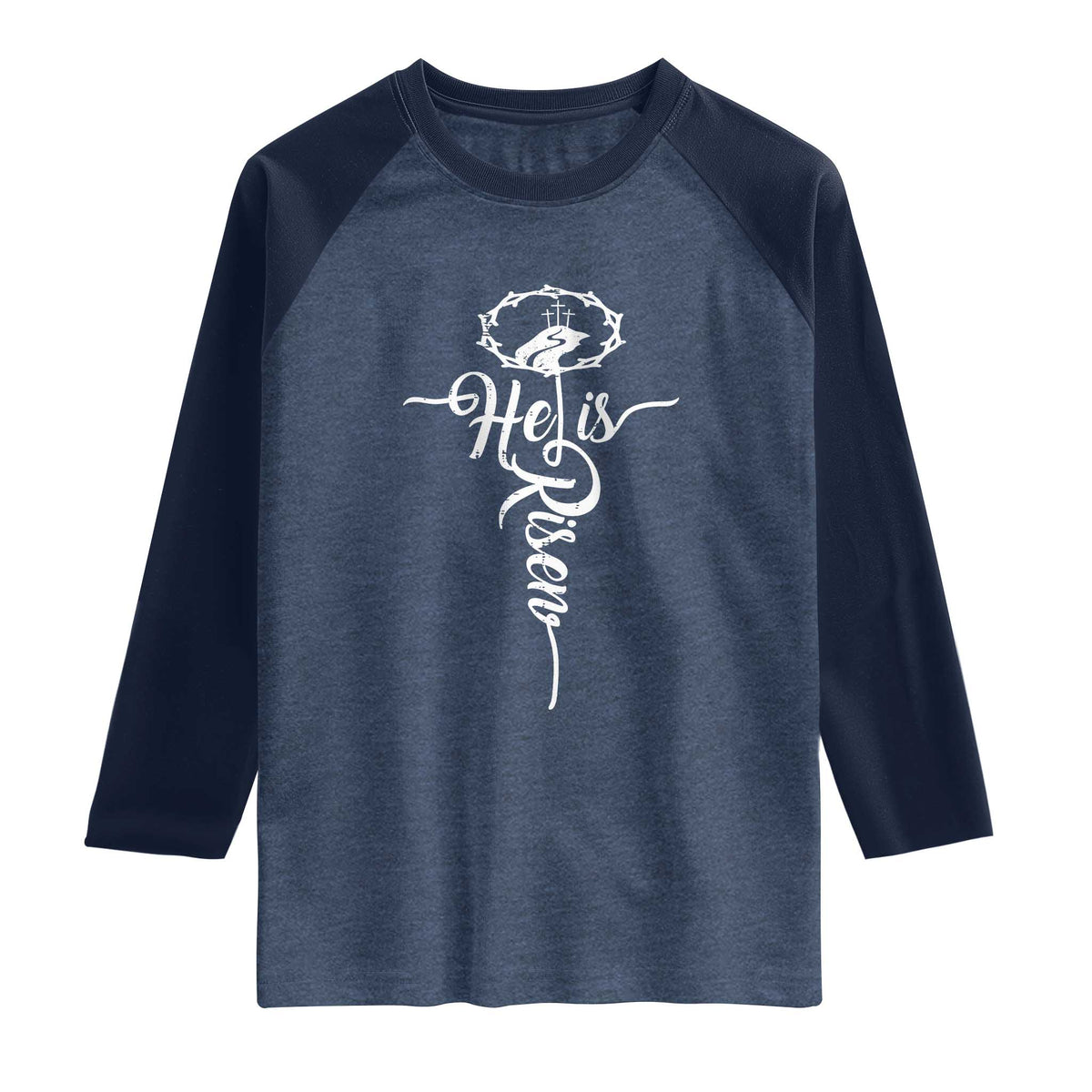 Easter He Is Risen Raglan Shirt Christian Easter Day Religious Cross TS11 Heather Denim Navy Print Your Wear