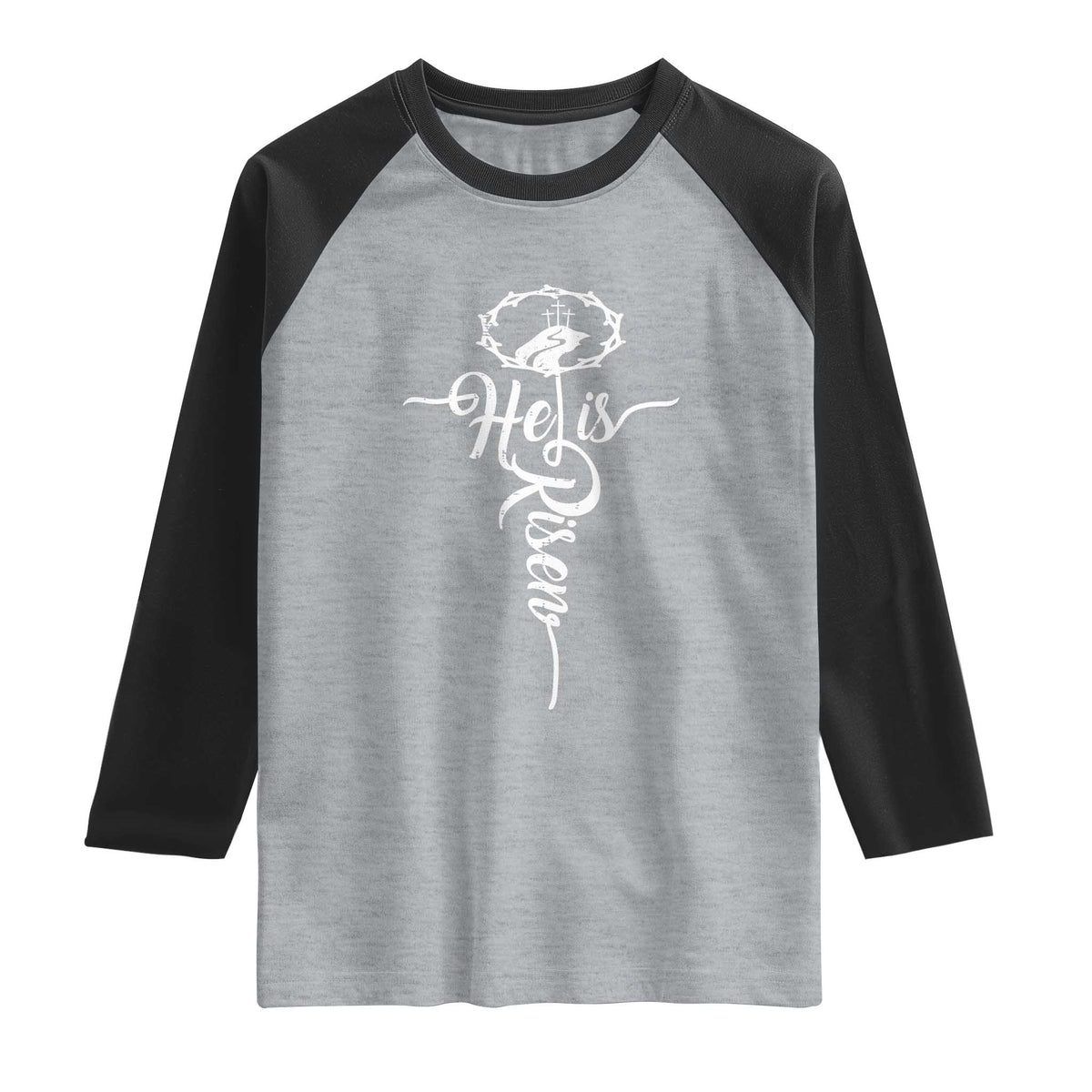 Easter He Is Risen Raglan Shirt Christian Easter Day Religious Cross TS11 Heather Gray Black Print Your Wear
