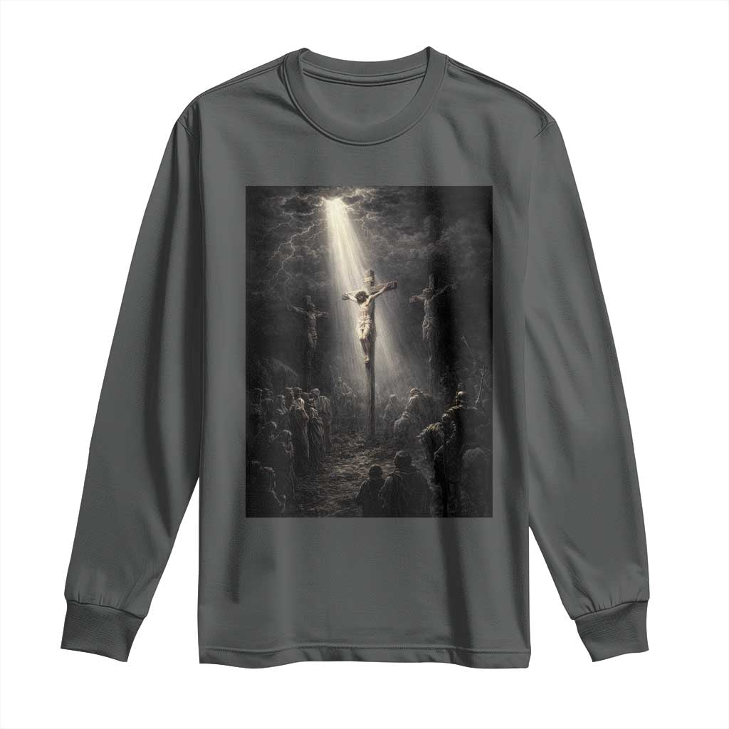 Jesus Christ Crucifixion Scene Religious Christian Easter Long Sleeve Shirt TS11 Dark Heather Print Your Wear